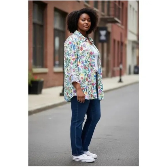 NWT John Mark Plus Size Tunic Linen Floral Point Collar Button Front Blouse Top - Picture 2 of 11